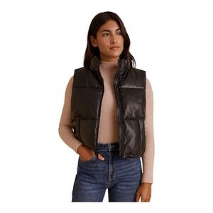 Hollister Faux Leather Puffer Vest Black XL | Streetwear Winter Layering Vest